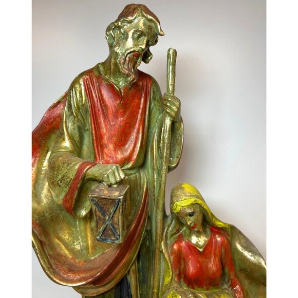 Vintage Religious Sculpture Art Metallic Patina Holy Family Scene Large - Picture 3 of 8